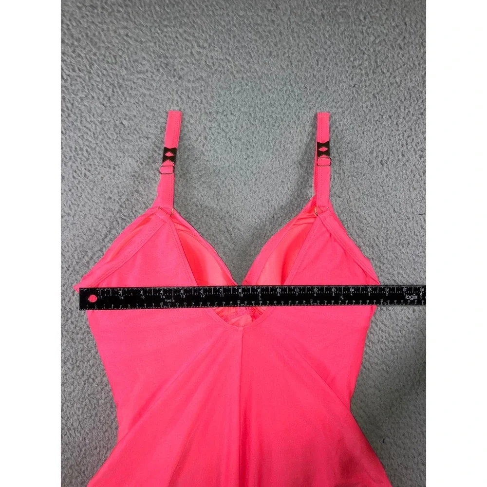 One Piece Swimsuit Women Large Neon Hot Pink Ruched V-Neck Twist Beach Poolside‎
